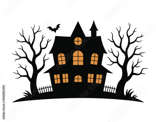 Spooky haunted house silhouette with bats and eerie trees vector clipart, isolated on white background.