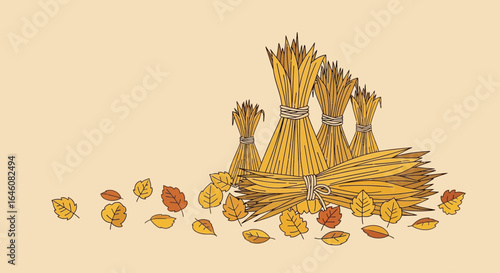Charming autumn themed illustration with hay bales and falling leaves artistic image