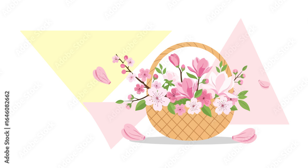 Obraz premium Charming basket filled with spring blossoms against a geometric backdrop creating a delicate and cheerful spring scene