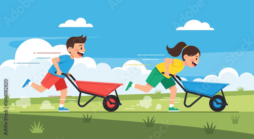 A Vibrant Illustration of Children Competing in a Wheelbarrow Race on a Sunny Day