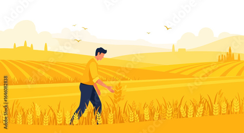A vibrant illustration of a farmer inspecting a wheat field during golden hour showing the importance of agriculture