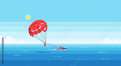 A vibrant parasailing adventure over the blue sea with the sun shining above the horizon