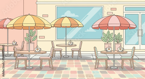 Charming Cafe Scene With Umbrellas Tables And Chairs In Pastel Tones Illustration