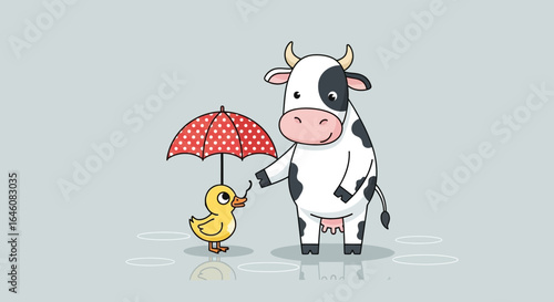 Charming Cartoon Illustration of a Cow Sharing an Umbrella with a Little Duckling in the Rain