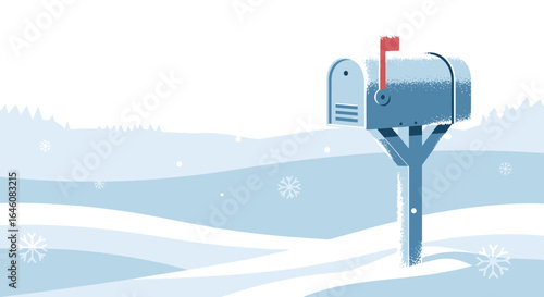 Blue Mailbox Stands Guard in a Snow Covered Landscape Post Office Winter Time
