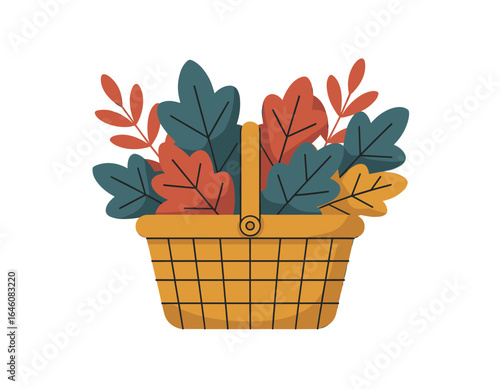 Basket of autumn leaves ready for fall harvest season vector clipart, isolated on white background.