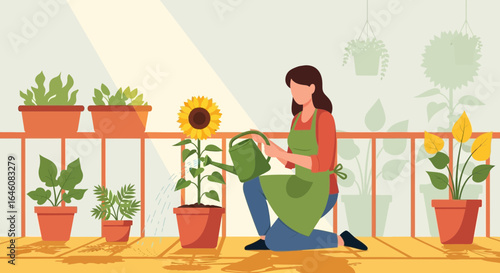 A woman watering plants on her balcony garden illustration, bright and colorful illustration depicting a hobby and relaxation time