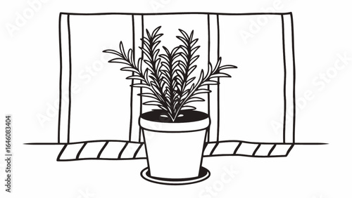 Potted plant on a window sill, simple black and white line drawing style