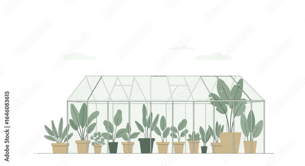 Obraz premium Charming greenhouse illustration showcases lush potted plants against a bright backdrop