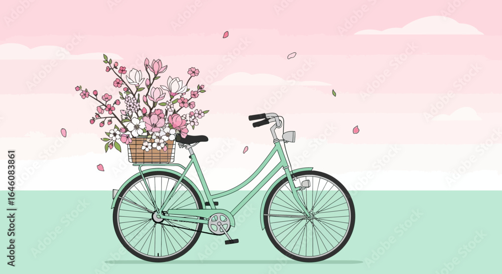 Naklejka premium Charming Illustration of a Bicycle Adorned with Flowers Against a Pastel Sky Backdrop