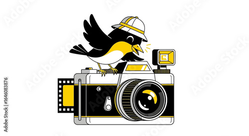 Charming Illustration of a Bird Photographer with a Vintage Camera and Hat, Capturing Memories