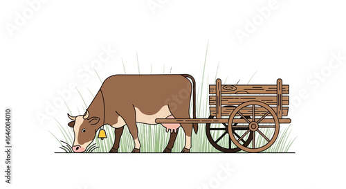 Charming Illustration of a Grazing Cow with a Wooden Cart in a Green Meadow