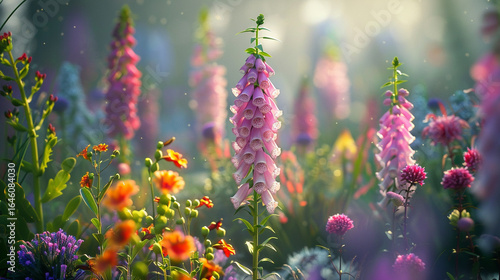 A foxglove tower above a fairy garden
