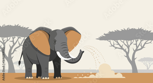 African elephant bathing in its natural habitat with trees in the background illustration showcasing wildlife conservation and animal care
