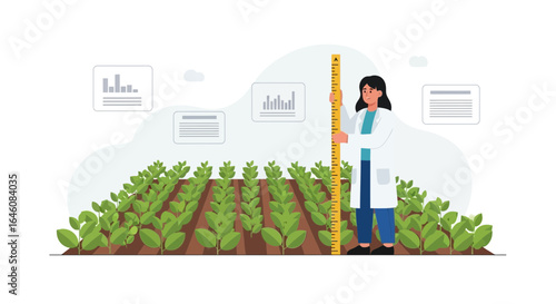 Agricultural scientist measuring plant growth for crop yield optimization and data collection on a farm using technology