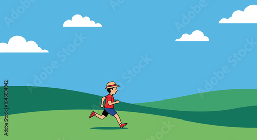 Cartoon Boy Running In Nature On A Sunny Day With Clouds Animation