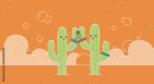 Cartoon cacti high-fiving in a whimsical desert landscape illustration on orange background