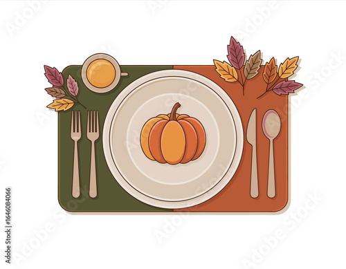 Thanksgiving table setting with pumpkin and autumn leaves