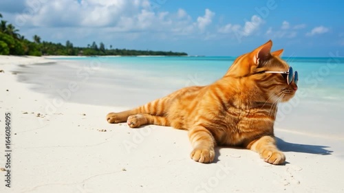 Ginger tabby cat with sunglasses relaxing on sandy beach summer holiday vacation