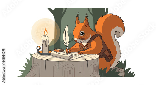 Charming illustration of a squirrel writing with a quill pen by candlelight in the forest