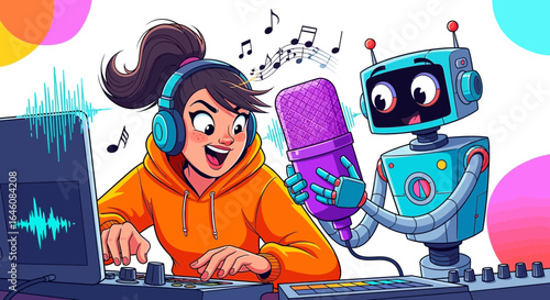 Cartoon girl and robot collaborate to create music in a vibrant studio setting