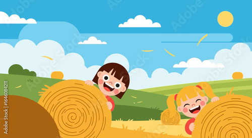 Cartoon girls playing in a summer field with hay bales under a bright sky filled with fluffy clouds