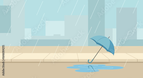 Cartoon illustration depicting a rainy day in the city with a blue umbrella lying abandoned on the wet sidewalk