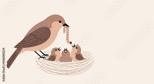 Charming illustration showcasing a mother bird feeding her chicks in a cozy nest with earthworm delight