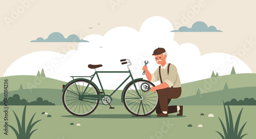 An elderly man repairs a bicycle in nature with clouds and trees in the background displaying a nostalgic and peaceful scene