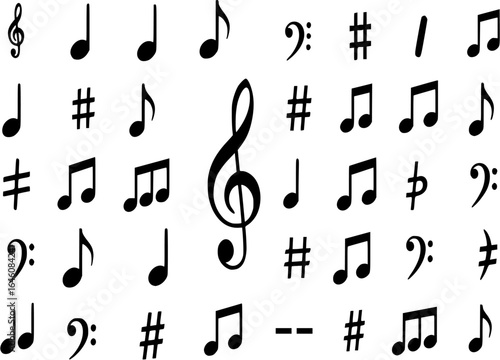 Set of musical notes. Black musical note icons. Music elements. Treble clef. Vector illustration.
