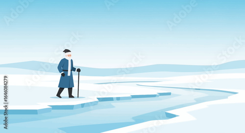An elderly man walks with a cane across a frozen landscape illustration minimal style design isolated on white background
