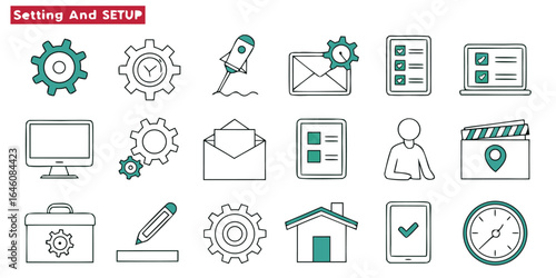 Vector art of setting and setup icons isolated on white background representing configuration and development process