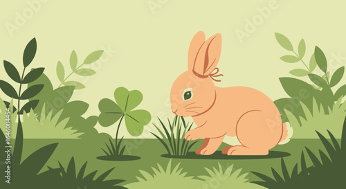 Charming rabbit illustration surrounded by lush greenery and a lucky clover design