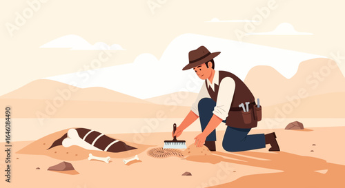 Archeologist Discovering Fossil Remains in Desert, Unearthing Ancient Life