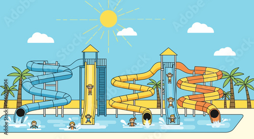 Cartoon illustration of a water park scene with slides and happy children enjoying summertime