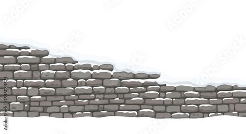 Cartoon illustration of a weathered stone wall partially covered in snow in winter
