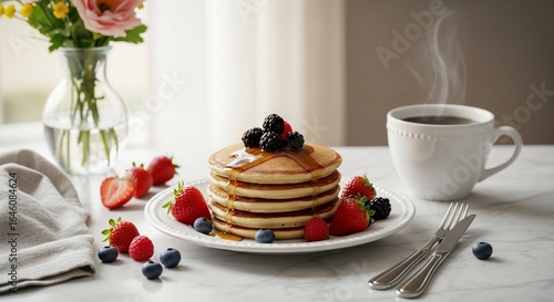 Stack of Golden Pancakes Drizzled with Syrup, Adorned with Berries, Beside Steaming Coffee and Flowers