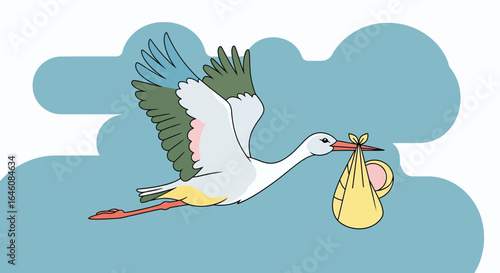 Charming stork delivering a baby illustration on a light blue background for baby announcement