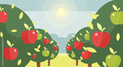 Cartoon illustration of apple trees in an orchard under a sunny sky offering a peaceful and idyllic garden scene