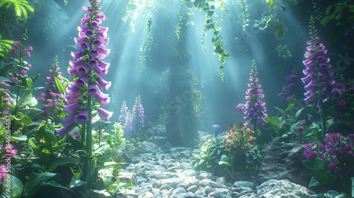 A foxglove tower above a fairy garden