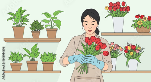 Asian Woman Florist Arranging Red Tulip Bouquet Surrounded by Potted Plants