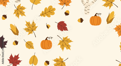 Autumn background with pumpkins leaves acorns and corn for thanksgiving day celebrations autumnal season harvest or fall concept greeting