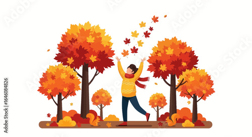 Autumn Bliss: Woman Enjoying Fall Season Surrounded by Vibrant Trees and Falling Leaves