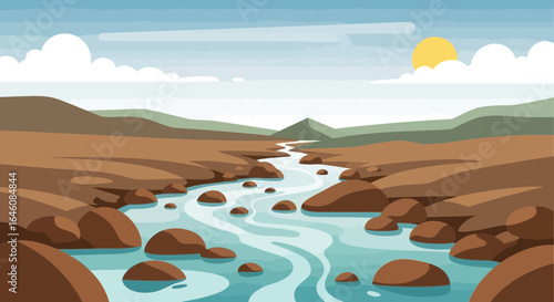 Cartoon landscape illustration showcasing a winding river with smooth rocks and sunlit sky