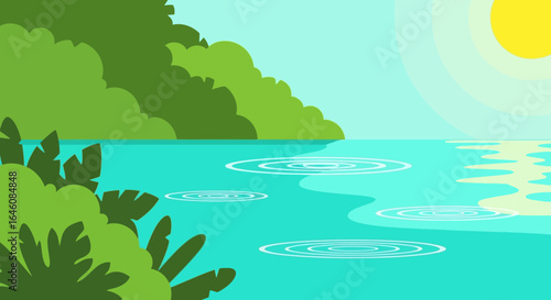 Cartoon landscape featuring a serene lake surrounded by lush vegetation and sunlight with light reflections