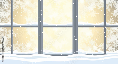 Charming Winter View Through Window With Falling Snow And Snowflakes Outside