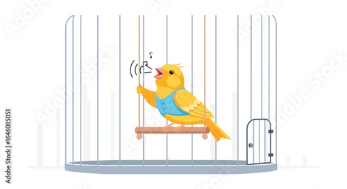 Charming yellow canary singing joyfully in a cage expressing freedom and happiness indoors offering a delightful visual
