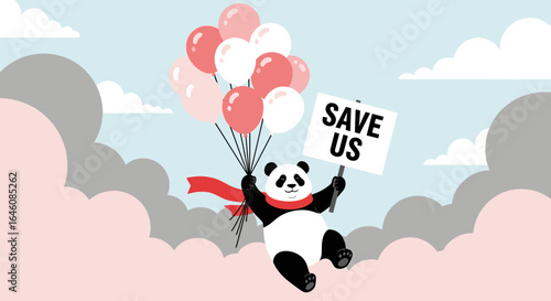 Cartoon Panda on Balloons Holding 'Save Us' Sign to Promote Conservation Awareness