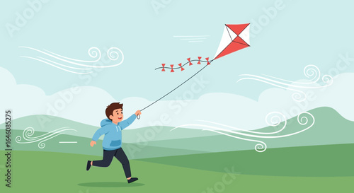 Cheerful boy running with kite on wind day, symbolizes joy and outdoor activity in nature