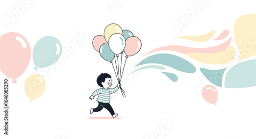 Cheerful boy running with pastel balloons illustration capturing childhood joy, and innocence perfect for children's designs